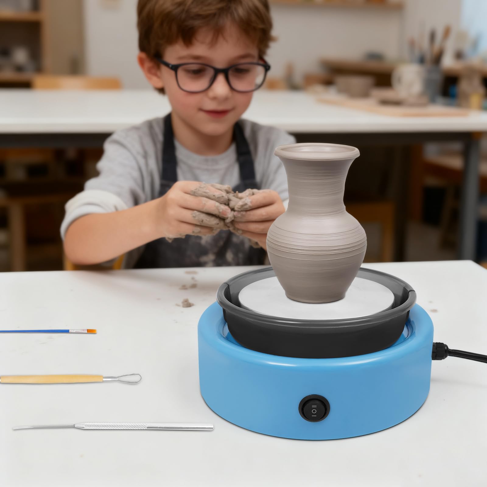 Mini-Töpferscheibe für Kinder und Erwachsene, anfängerfreundlich, Tisch-Töpferscheibe mit Fußpedal, 0–140 U/min, Geschwindigkeitseinstellung für Zuhause, Heimwerker, Töpfereiprojekte (blau)
