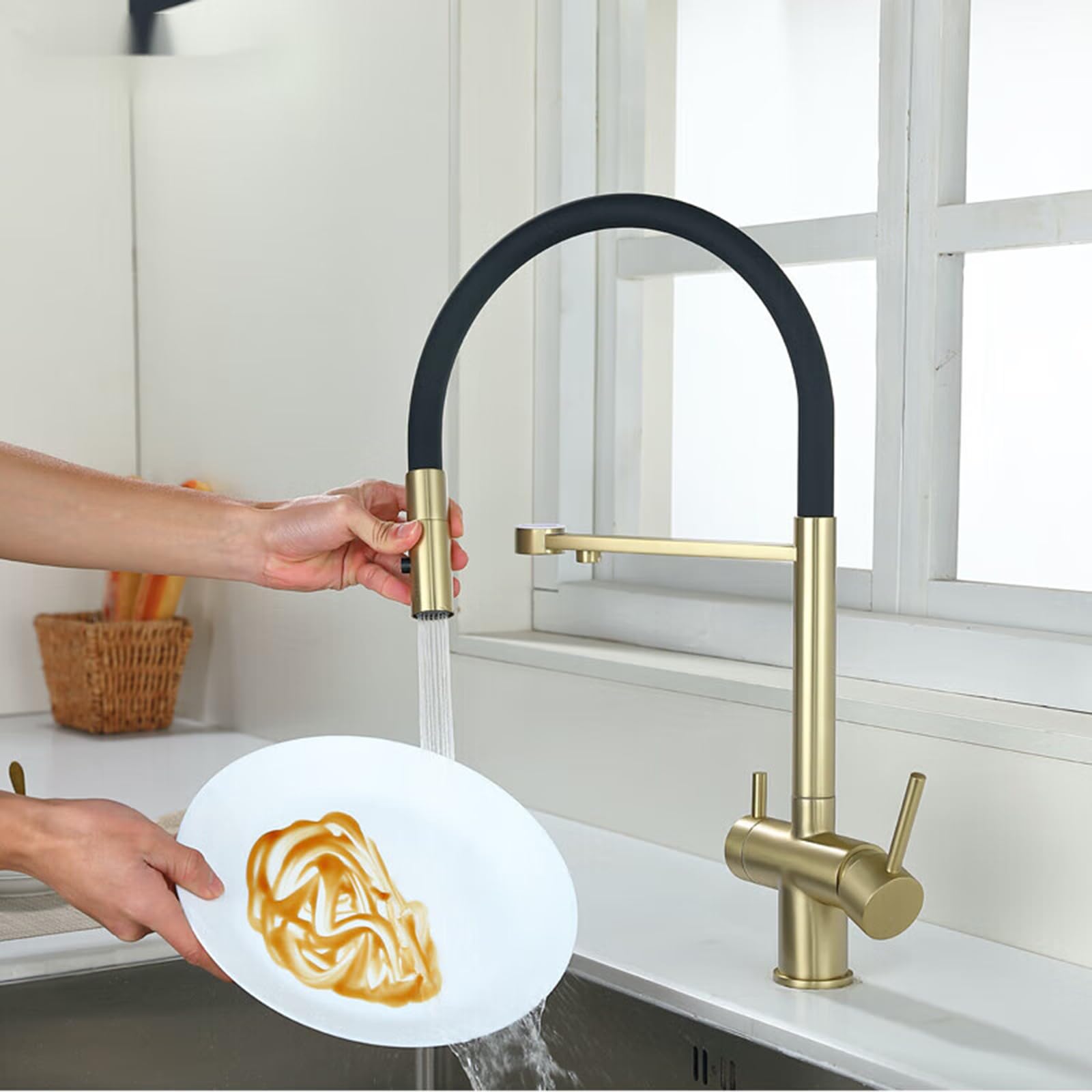 Grifo de Cocina con Ducha Extraíble Grifo de Agua Potable de 3 Vías Sistema de Ósmosis Caño de Agua Doble de Dos Mandos Grifo de Tres Vías Pistola de Cocina Gris