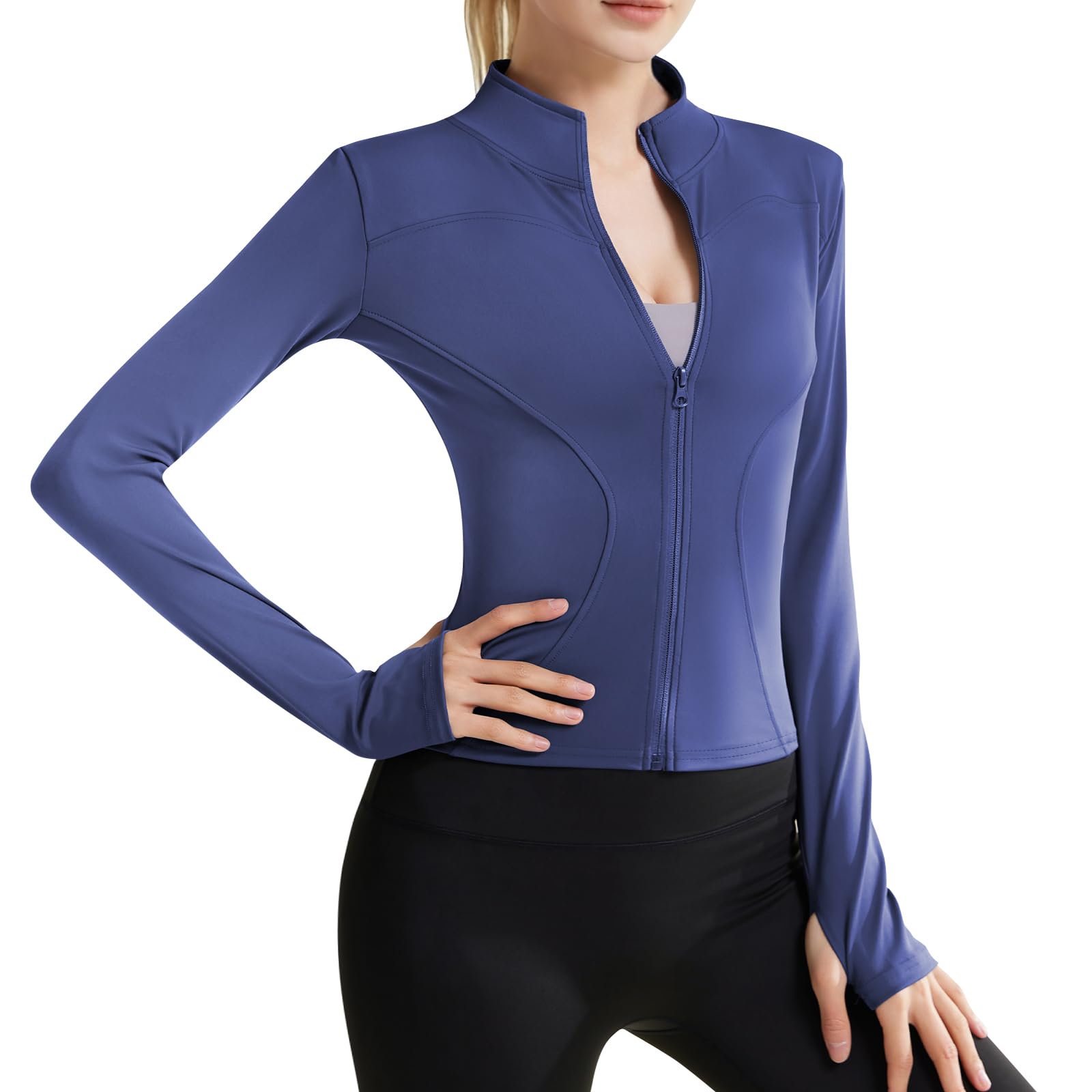 Womens Full Zip Up Workout Jacket Slim Fit Lightweight Yoga Running Athletic Gym Sports Jacket with Thumb Holes