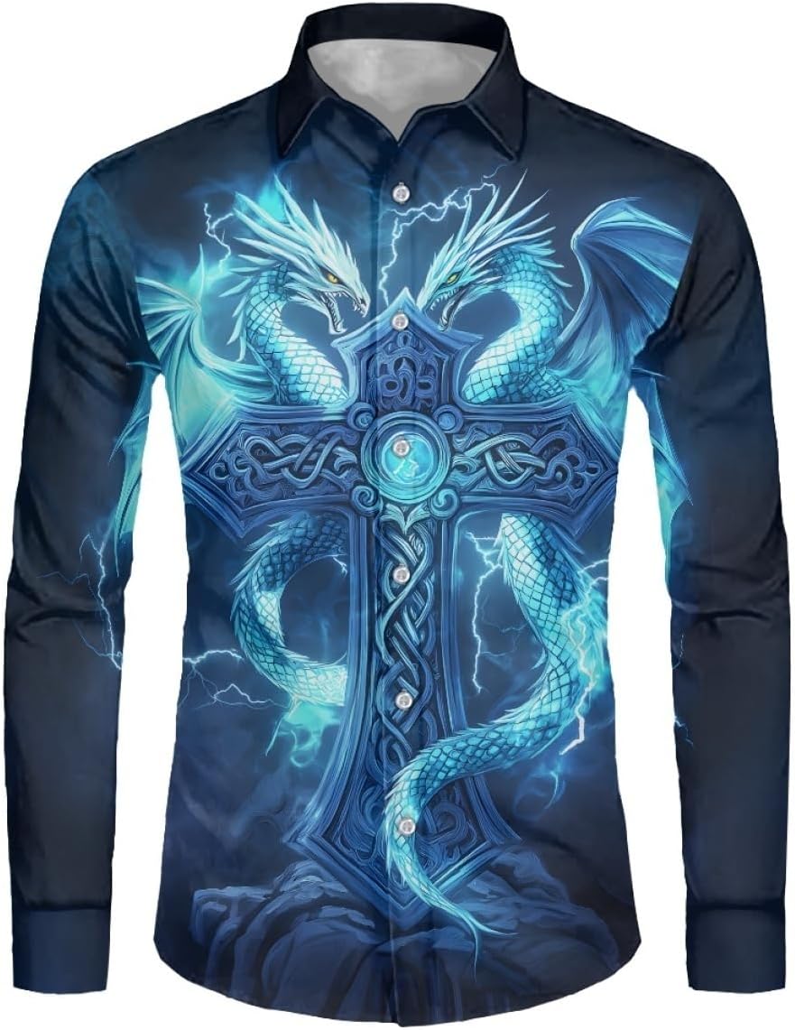 GLUDEAR Men's Novelty Graphic 3D Print Long Sleeve Casual Button Down Hawaiian Shirts