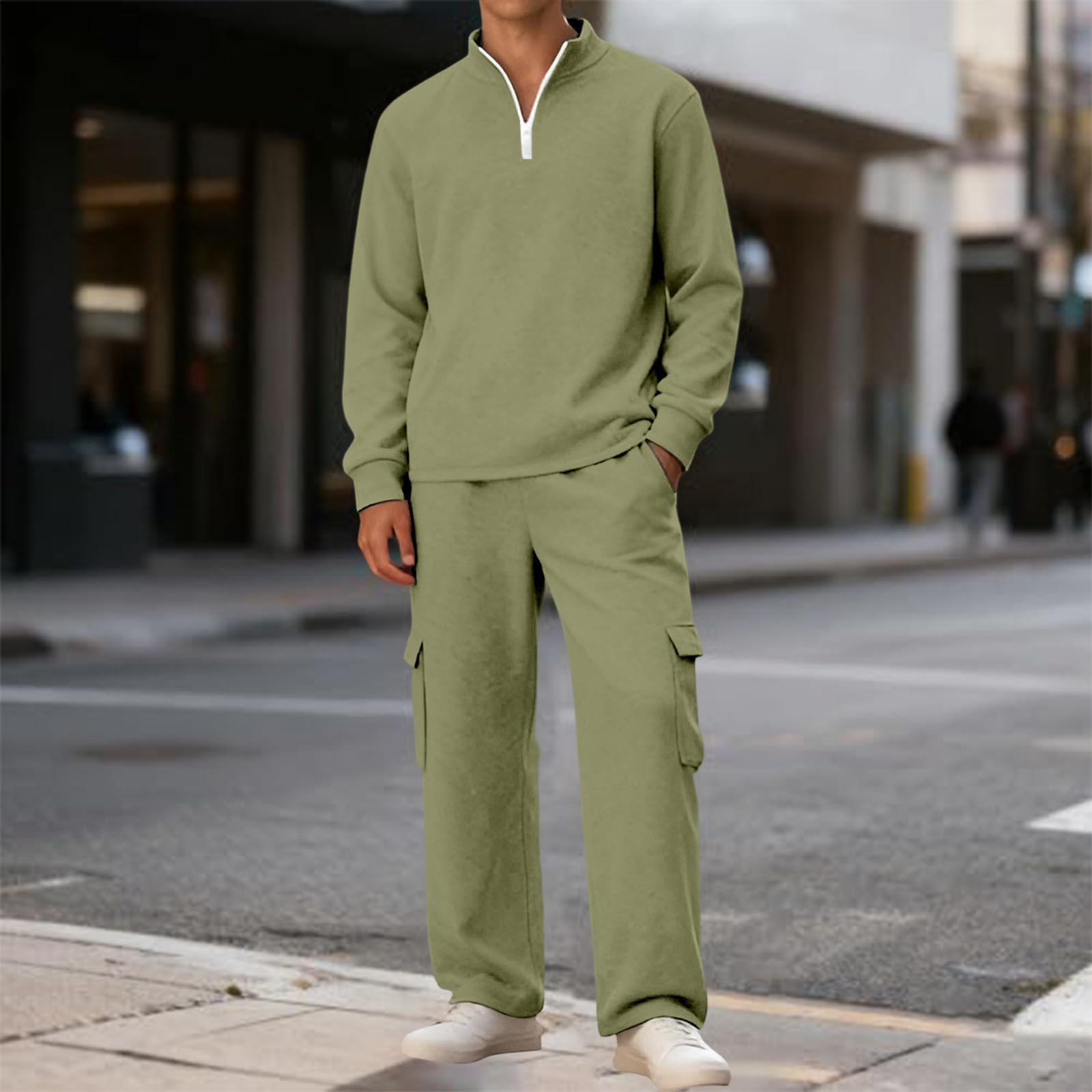 Generico Completo Due Pezzi Abbigliamento Casual Uomo Tinta Unita, Maglia | A Maniche Lunghe Con Collo Alto E Zip Parziale Frontale, Pantalone Cargo A Gamba Larga Con Tasche Laterali Funzionali,