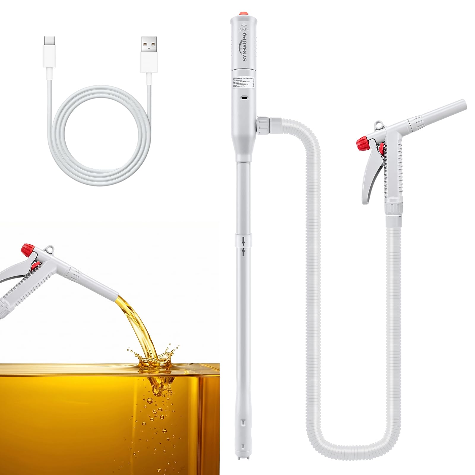 Pompa Elettrica per Carburante con Ugello manuale,12 L/Min | 3,2 GPM,ADoppia Alimentazione USB-C/AA,Ingresso Olio da 28 mm,Cavo di ricarica USB,Pieghevole,Tubo da 130 cm,Regolazione