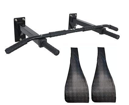 IBS Wall Mounting Pull up Chin up Bar with Ab Straps Solid Fitness Accessory for Home Gym (Color-Black)