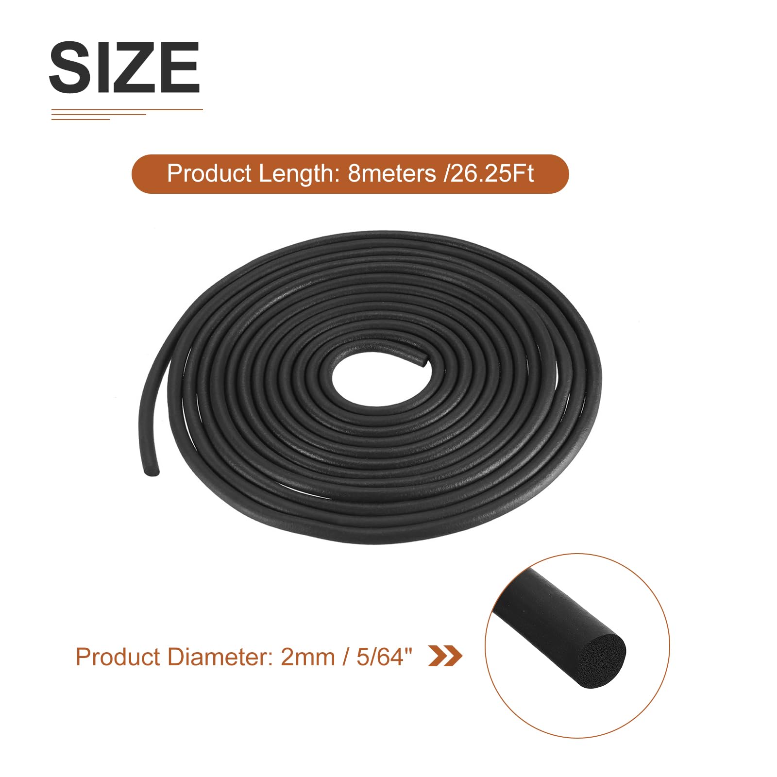DTGN 2mm x 8meters(DXL) Nitrile Rubber Round Seal Strip - 1Pack - Good for DIY Furniture - Round Solid Weather Stripping - Black - Image 2