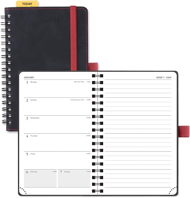 POPRUN 2024 Pocket Diary A6 Week to View Spiral Bound 16x10.5 cm - Self-adhesive Pen Holder, 100 gsm Paper, PU leather Soft Cover - 2024 Weekly Planner & Notebook in One(Black)