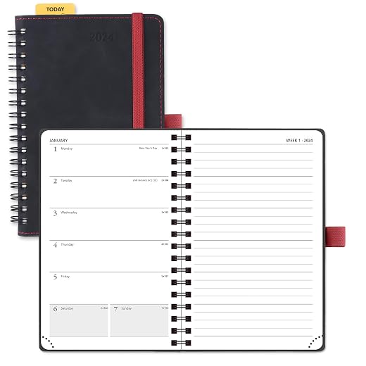 POPRUN 2024 Planner Weekly Notebook Pocket Size 4''x 6.25'' - Small Calendar for Purse with Spiral Soft Cover, Plastic Ruler, Inner Pocket, 100 GSM - Black