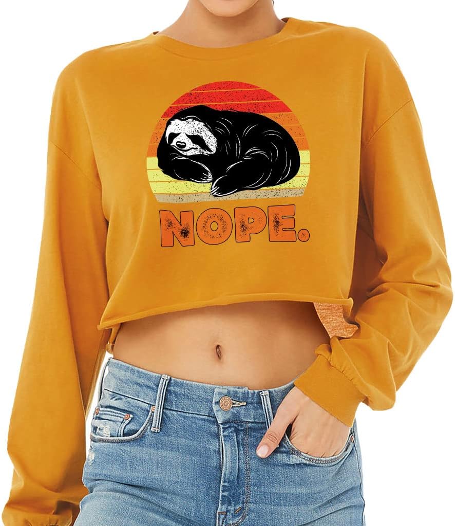 Nope Cropped Long Sleeve T-Shirt - Sloth Print Women's T-Shirt - Graphic Long Sleeve Tee - Mustard, L