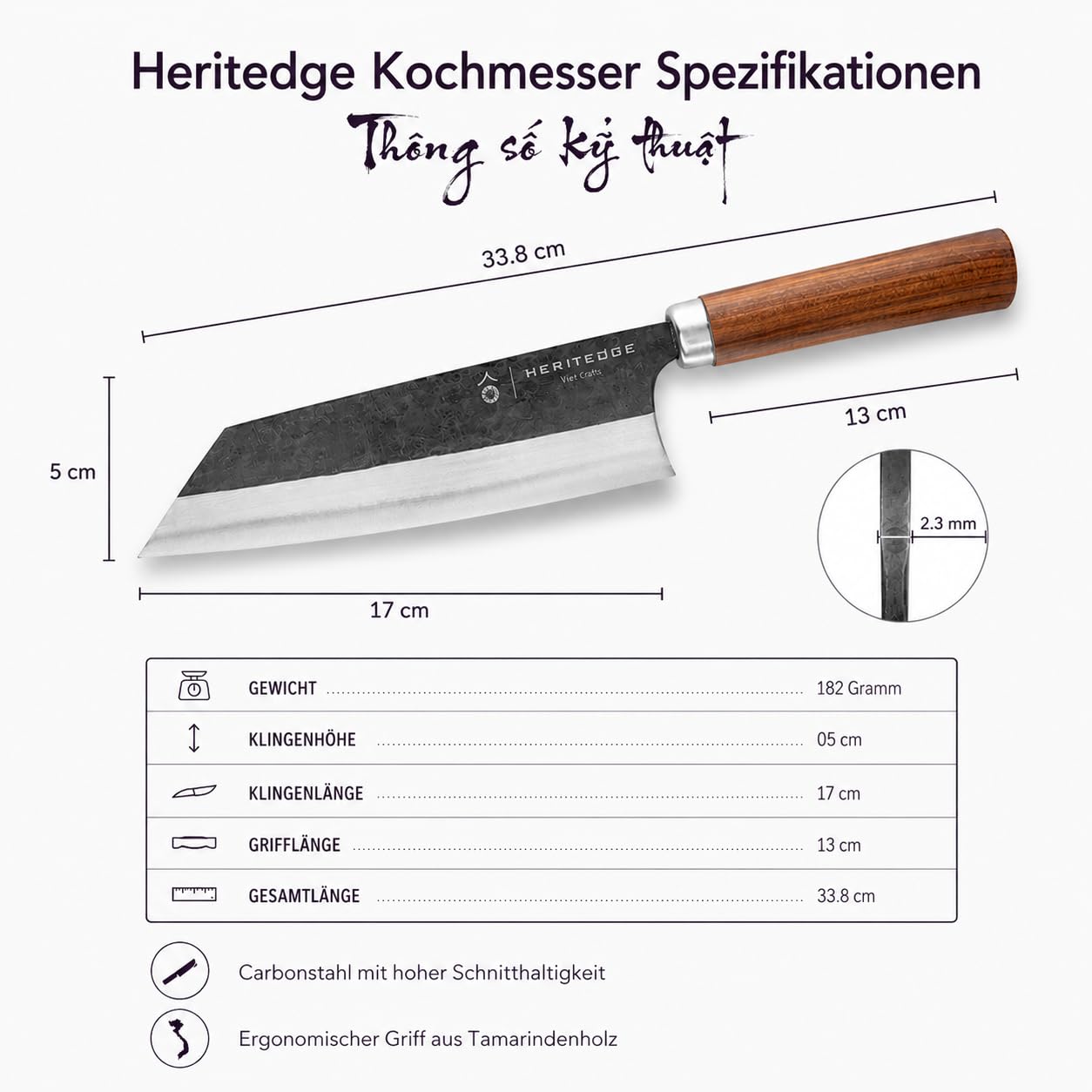 Küchenmesser - Ho Classic, 17cm Klingenlänge, Handgefertigt in Vietnam, Tamarindenholz-Griff, Scharfes Kochmesser, Rasiermesserscharf, Vietnamesische Schmiedekunst