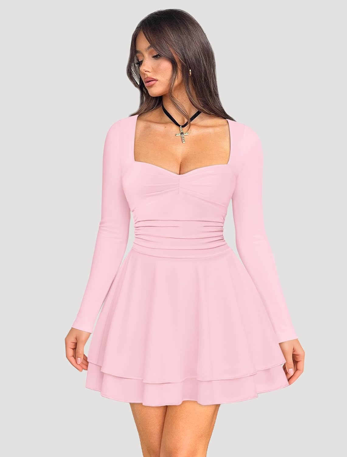 IWD Women's Square Neck Long Sleeve Mini Dress Ruched Corset Waist Tiered Ruffle Hem A Line Short Party Dresses - Image 2