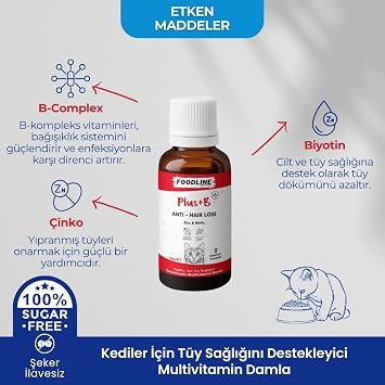 Foodline Kediler için Plus +B Damla 50 ml, Tüy Sağlığını Destekleyici Biotinli Multivitamin