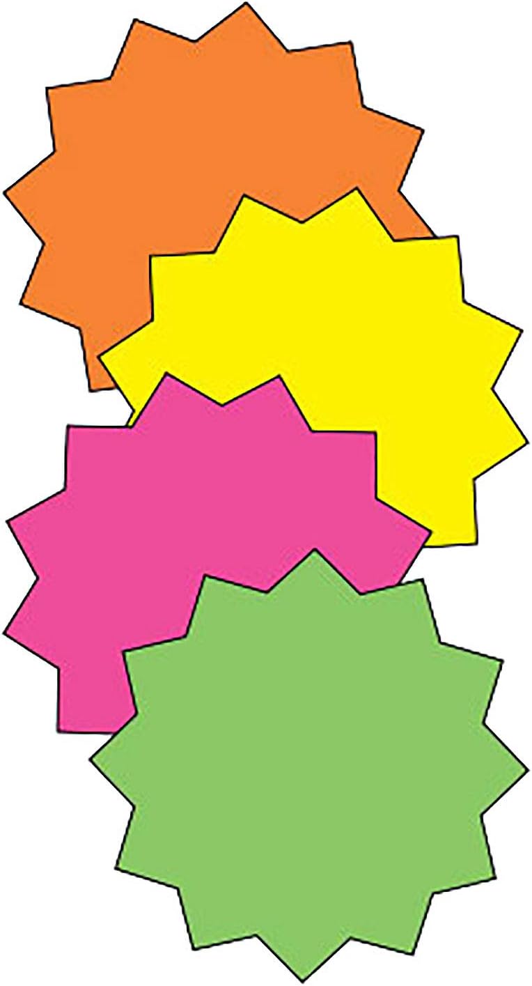 SSWBasics Multi-Colored Fluorescent Star Burst Sign Cards - 4" H x 4" H - Pack of 100- Bright Star Labels Multi Colored Sale Signs for Retail Store