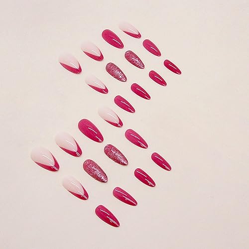 Miniatura 4 de Uñas postizas medianas con punta francesa de almendra SWEKKE color rosa, cobertura completa, uñas postizas con pegamento para uñas, uñas postizas