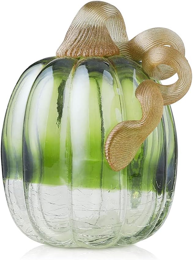 glitzhome 5.52 Inch Hand Blown Green Crackle Glass Pumpkin Table Accent