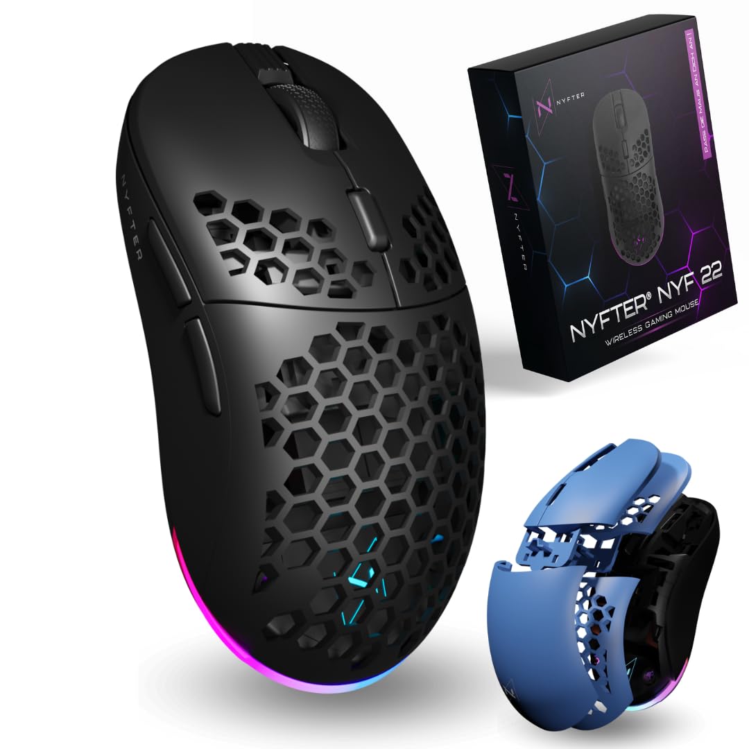 Nyfter - NYF22 Wireless Gaming Mouse Ultraligero 75g Potente con 400mA 19K DPI, 400 IPS 1000 Hz 50h Duración de la batería Duradera Dos Cases intercambiables Incluye
