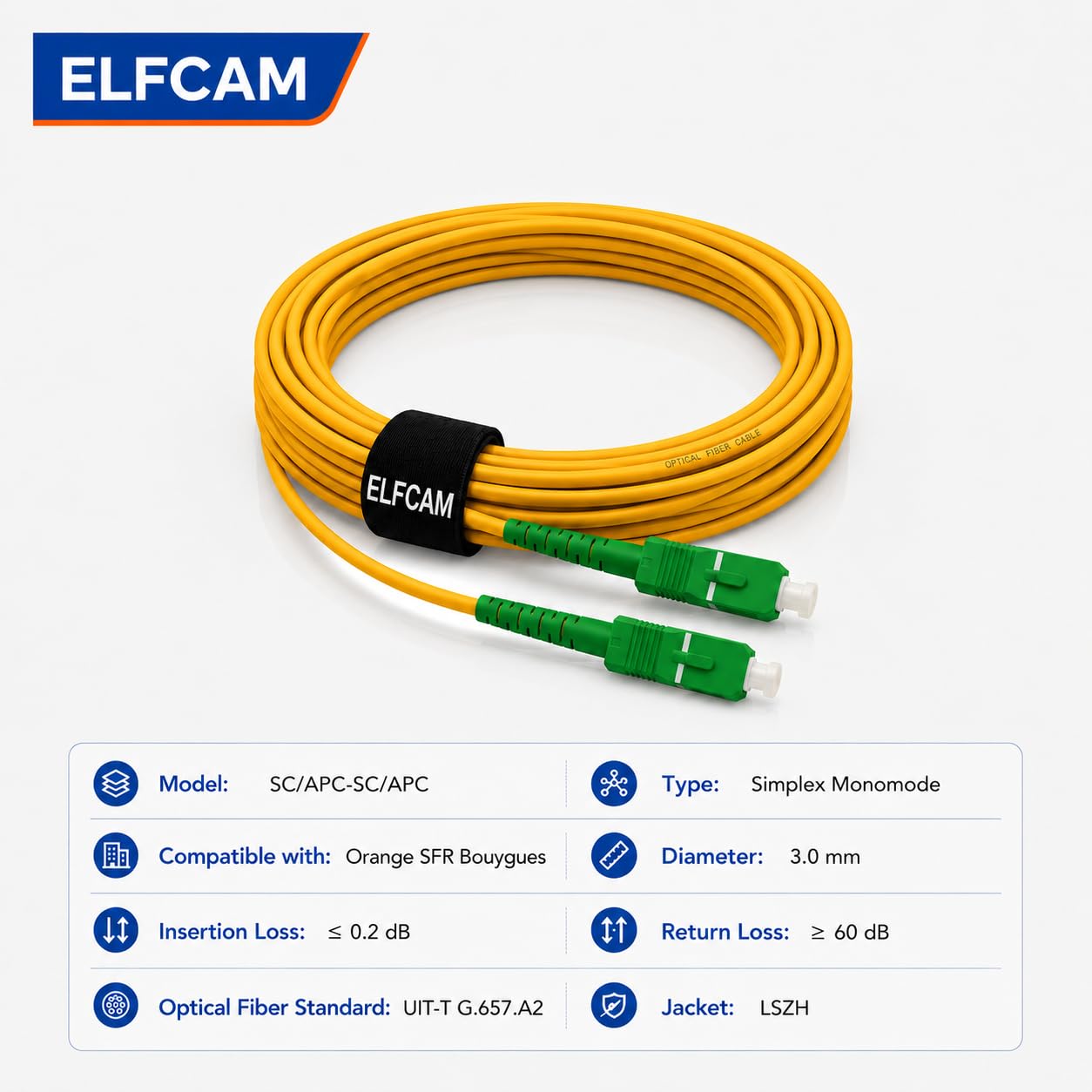 Elfcam - 10m Cavo Fibra Ottica SC/APC per SC/APC Simplex Monomodale 9/125μm LSZH, Giallo per TIM, Vodafone, WindTre, Fastweb, Iliad
