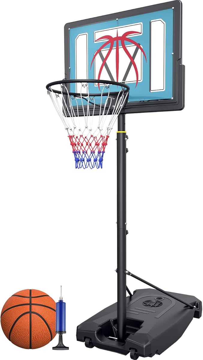Basketball Hoop Outdoor 4.82-8.53ft Adjustable, Portable Basketball Hoop & Goals with 2 Wheels, 32 Inch PC Backboard/Fillable Base/Size 5 Basketball for Kids, Youth, and Adults in Backyard/Driveway