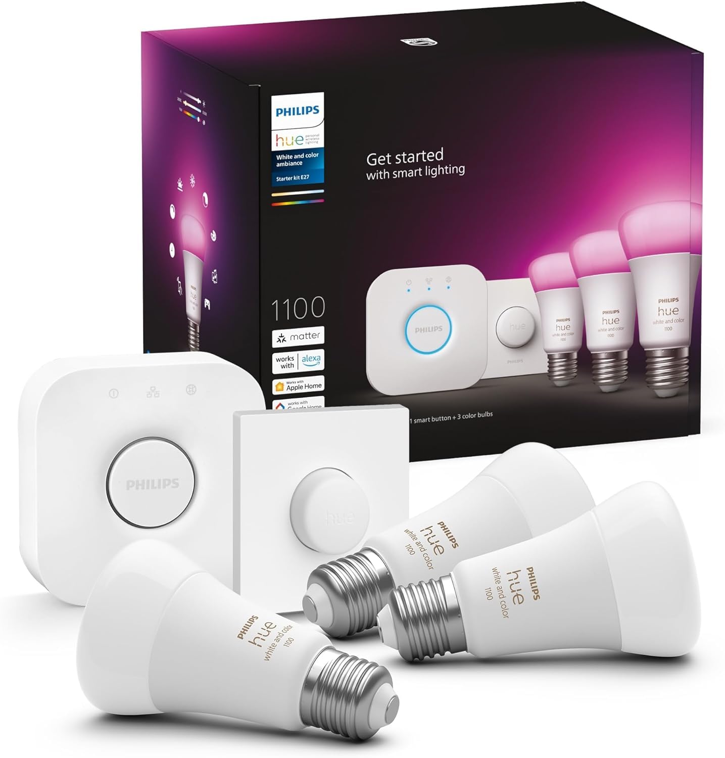 Philips Hue White Ambiance Kit de démarrage 3 Ampoules LED E27 Pont Connexion Bouton Smart Bluetooth Alexa Google Assistant Apple HomeKit