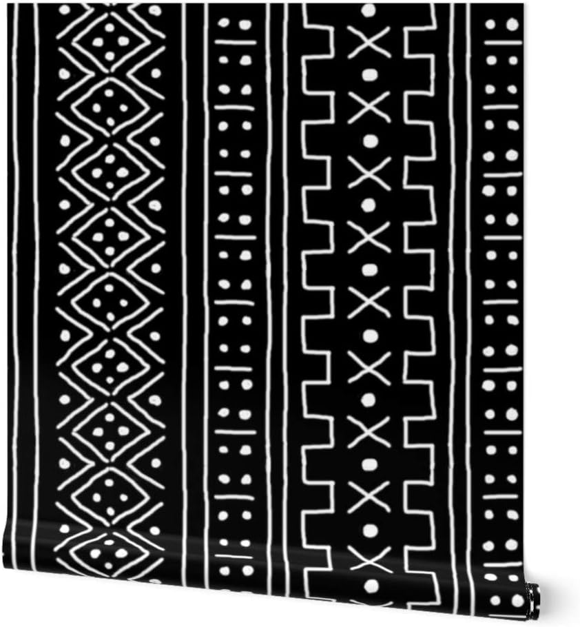 Peel & Stick Wallpaper 6ft x 2ft - White Black Mudcloth Inspired Geometric African Custom Removable Wallpaper by Spoonflower