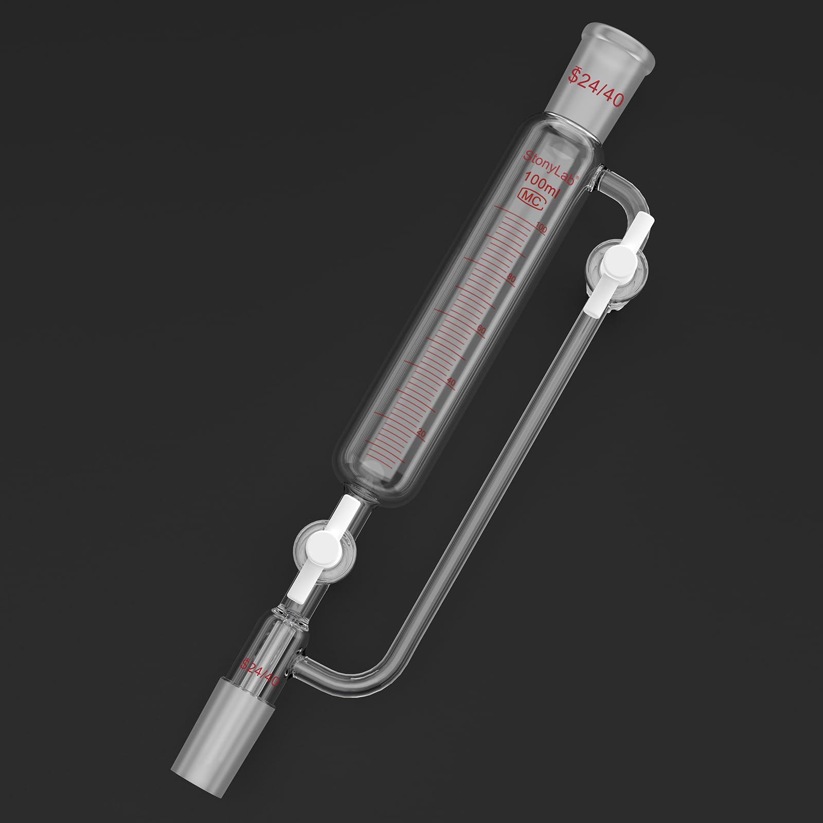 stonylab Druckausgleichs-Zugabetrichter, 24/40 Schliff, Graduierter Tropftrichter aus Borosilikatglas mit 2 PTFE-Hähnen, für Kontrollierte Zugabe im Labor, 100 ml