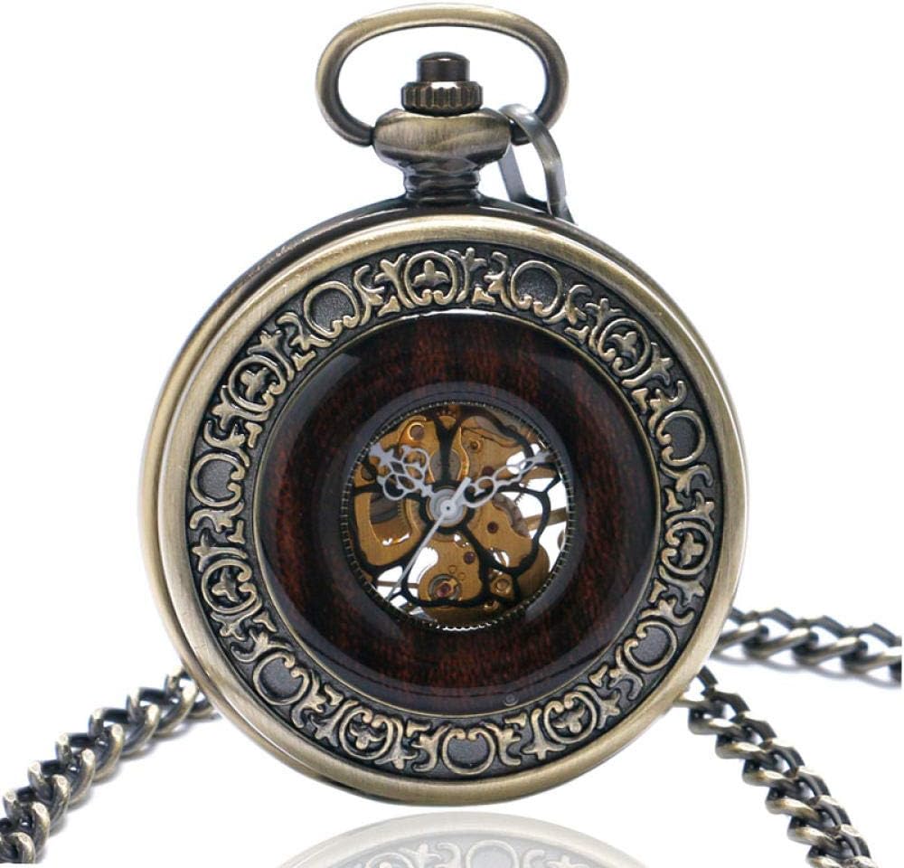 OIFMKC Pocket Watch Wood Circles Bronze Retro Steampunk Mechanical Pocket Watch Hand Wind Man Women Nurse Gift with Necklace Chain