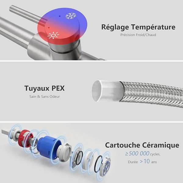 Mitigeur de Cuisine Extractible Haute Pression – Robinet Évier avec Douchette 3 Modes de Pulvérisation, Bec Pivotant 360°, en Acier Inoxydable 304 Brossé, Cartouche Céramique Haute Performance - 4