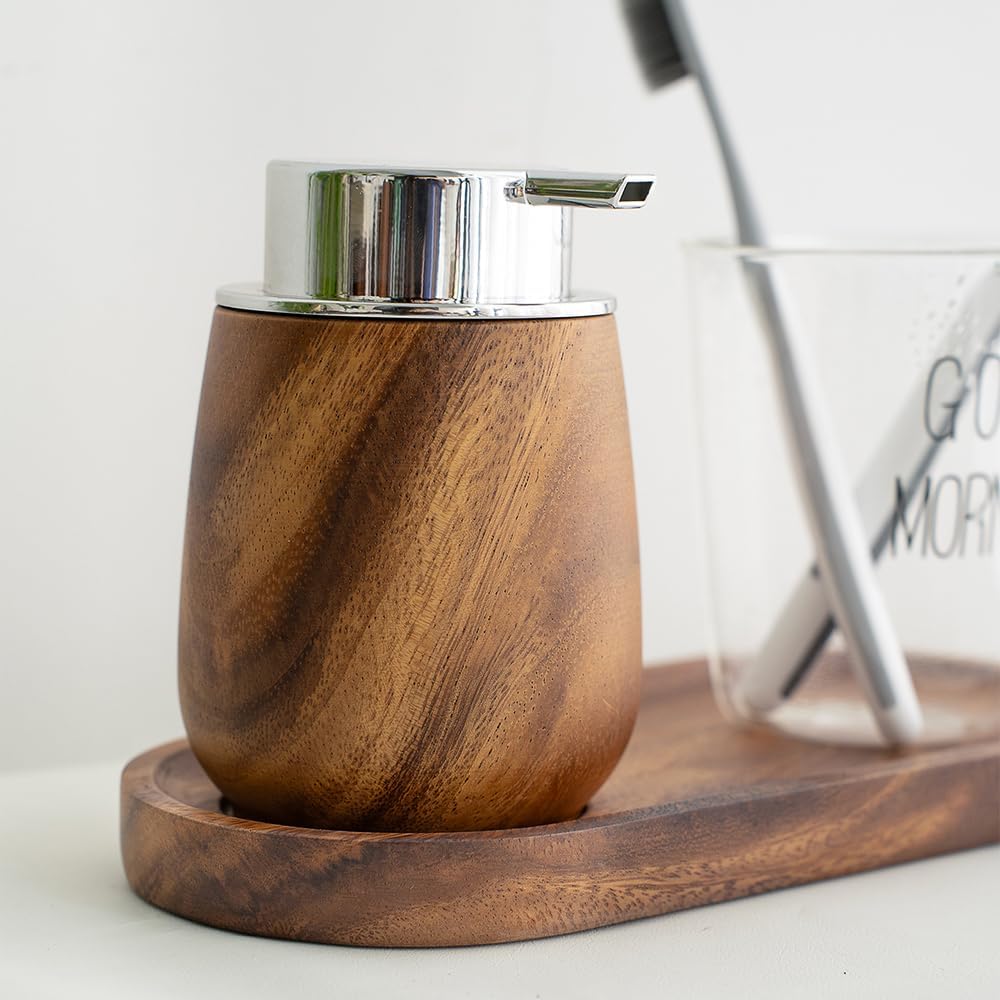 Walnut Wood Soap Dispenser Set with Tray, 7oz/200ml Foaming Hand Soap Dispenser with 6 Labels, Wooden Bathroom Organizer Tray for Toiletries & Aromatherapy, Countertop Bathroom Accessories