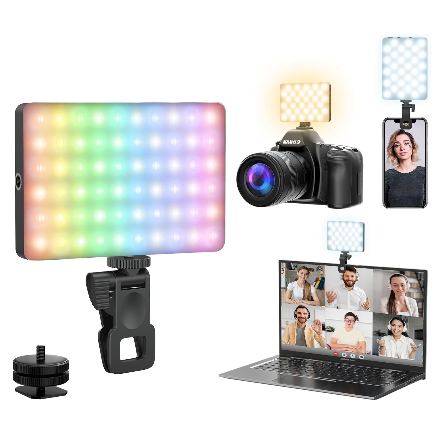 HIFFIN LT-002 Black RGB Video Selfie Light Kit – Dimmable (2500K–9000K), 40 RGB + 60 Bi-Color LEDs, 24 FX Modes, Built-in 3000 mAh Battery, Clip-on, LCD Display, CRI 95+ – Ideal for Live Streaming