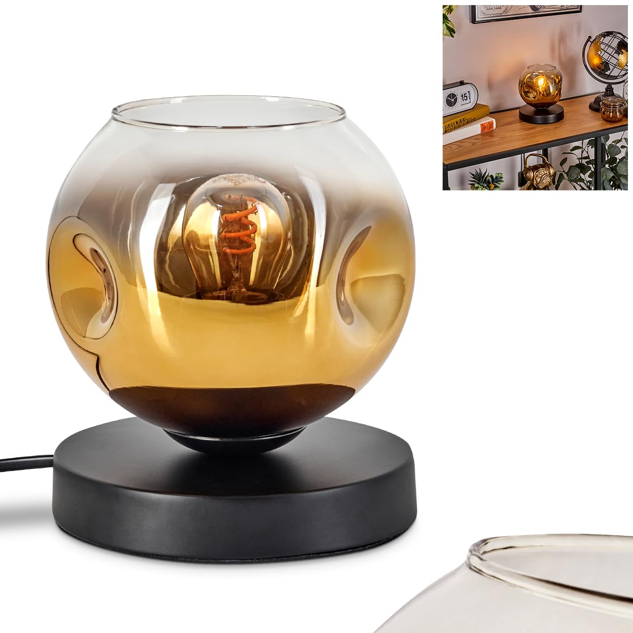 Lampe de table Ripoll, lampe de table en métal/verre en noir/or/transparent, lampe au design rétro moderne / vintage avec abat-jour en verre (diamètre 15 cm) et interrupteur marche/arrêt sur le câble,