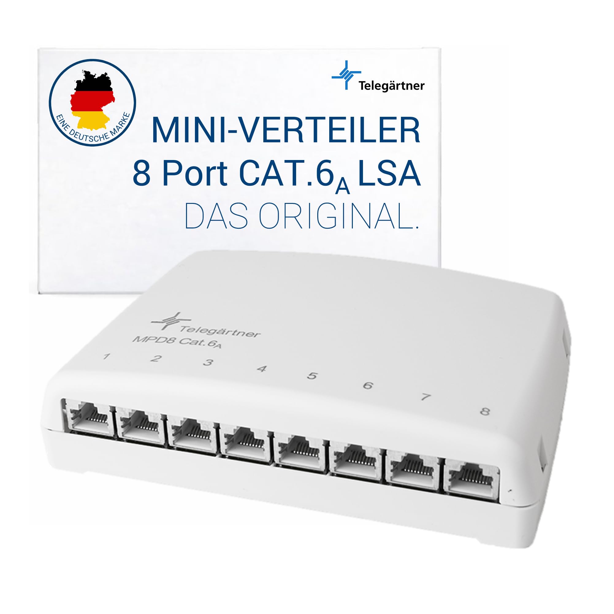 Telegärtner Mini-Verteiler Cat. 6A RJ45 Verteilermodul, geschirmt, 360 Grad Kontaktschutz, Montage Aufputz, Rack, TH35 Tragschiene, Rostfreie Abdeckung, LSA Plus Schneidklemmen, 8 Port