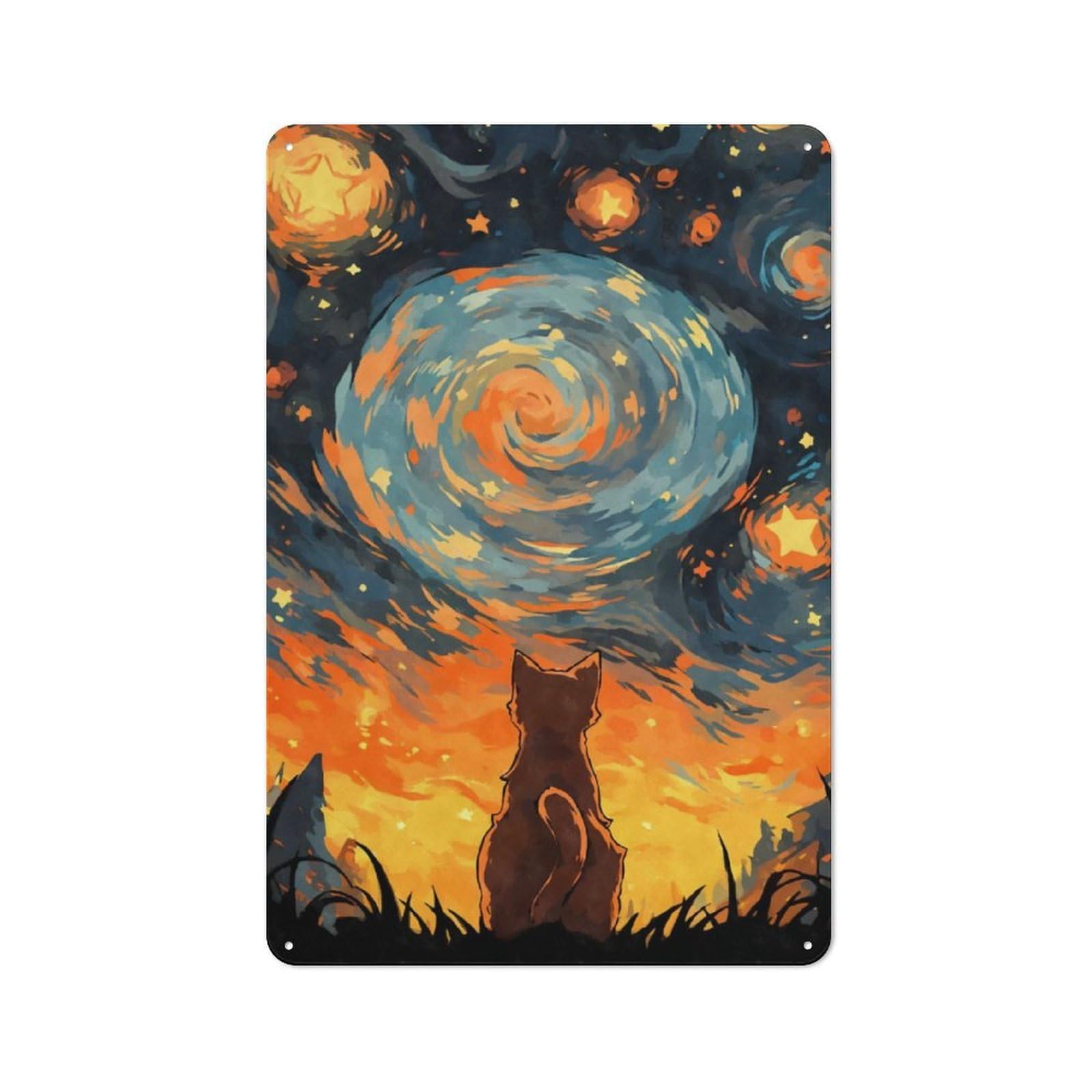 Junmoney Orange Cat Starry Night Retro Metal Plaque 30X20cm For Bar Or Restaurant, Suited To Restaurant Interior Fans