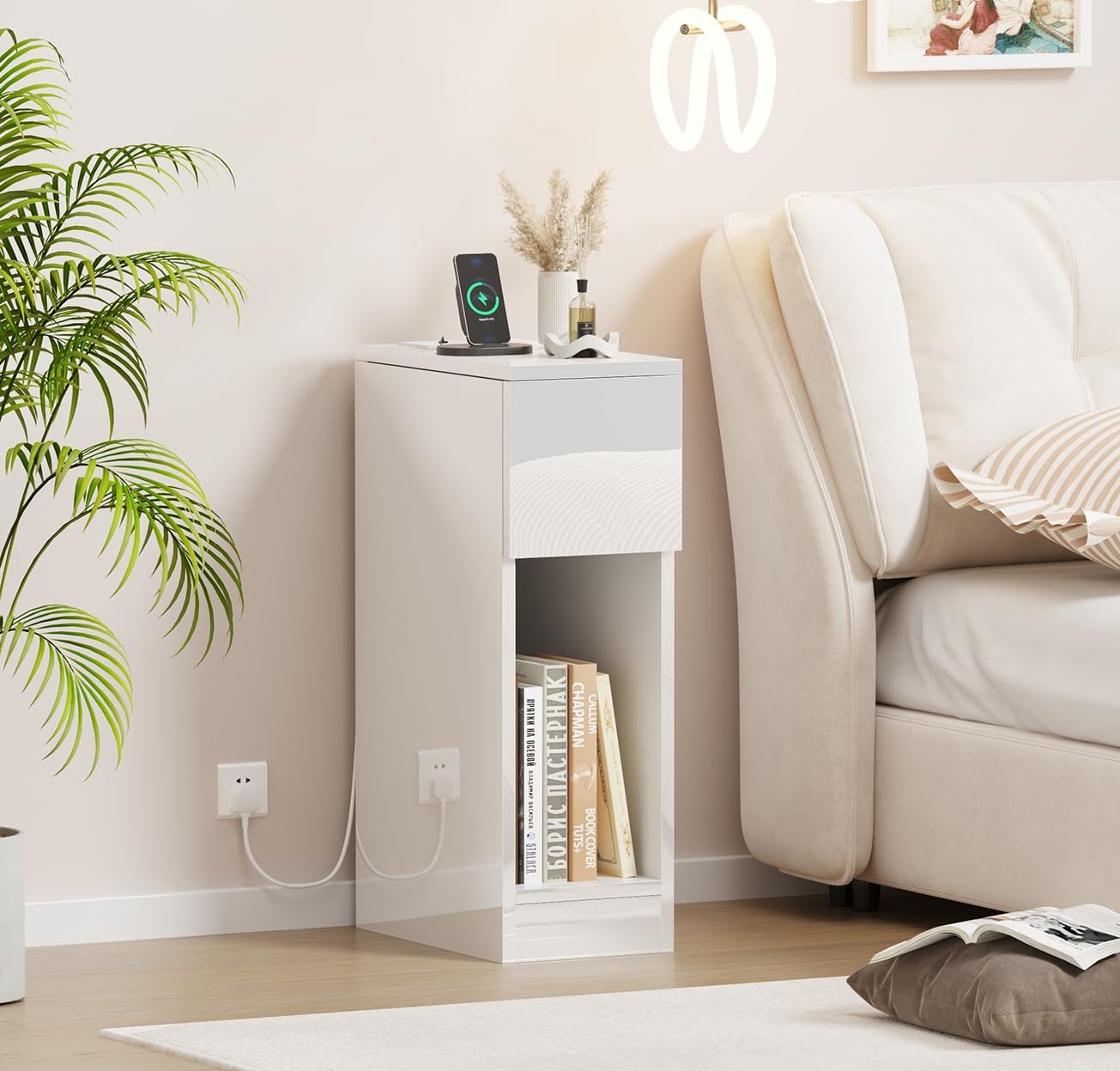Pantanal 20CM Slim Bedside Table Cabinet with Charging Station, Modern Narrow Bed Side Table End Table Small Nightstand Wood with 2 USB Ports & Power Sockets for Bedroom Living Room โ image 1