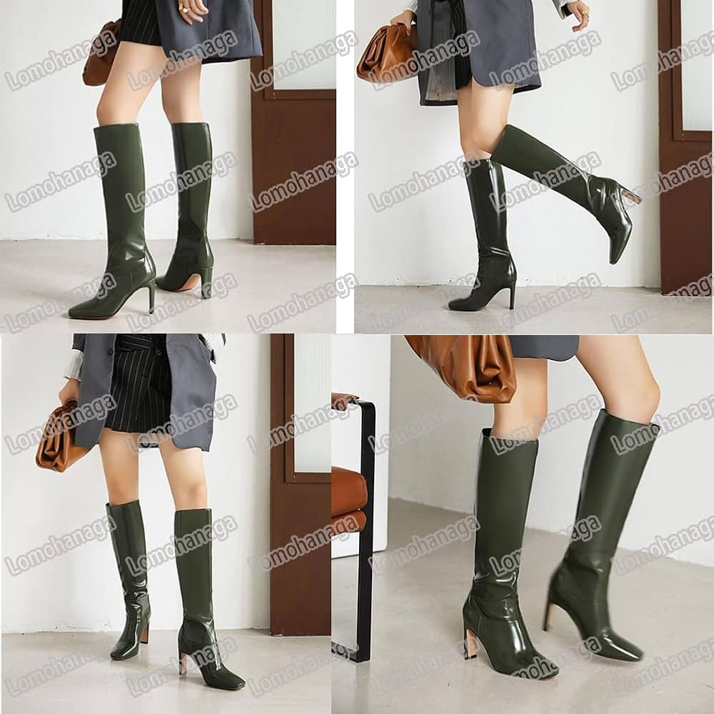 Amazon.co.jp: 緑 ロングブーツ チャンキーヒール9cm ニーハイブーツ