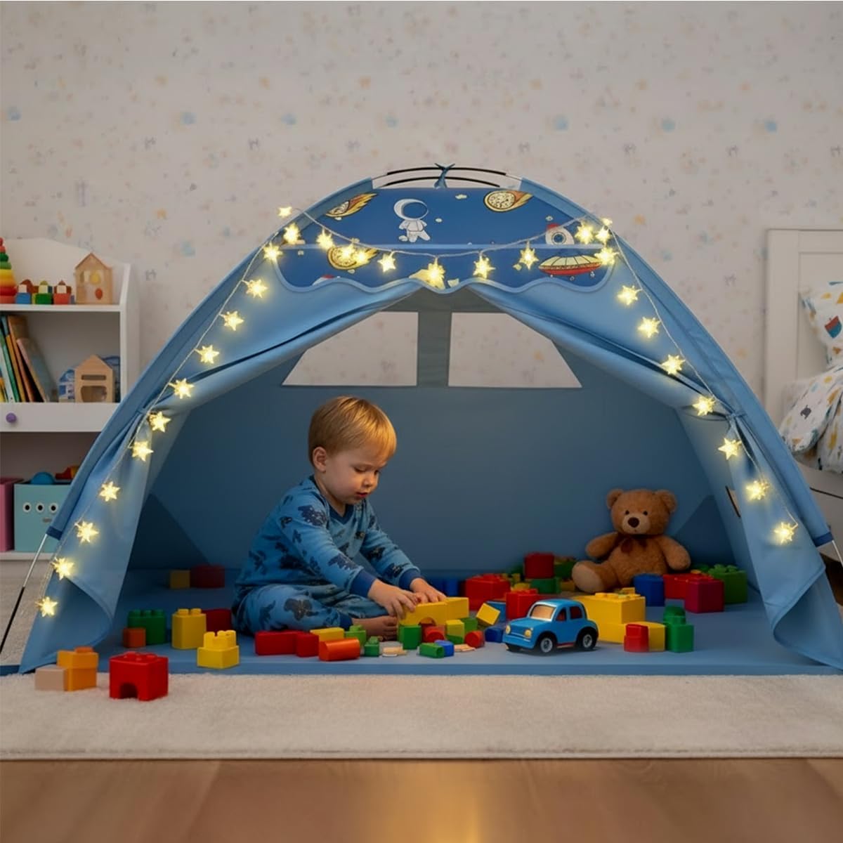 Kids Play Tent, Space Theme Tent with Star String Lights, 70" x 45" x 43" Blue Foldable Playhouse for Boys and Girls, Extra Large House for Imaginative Play,Tunnel Port