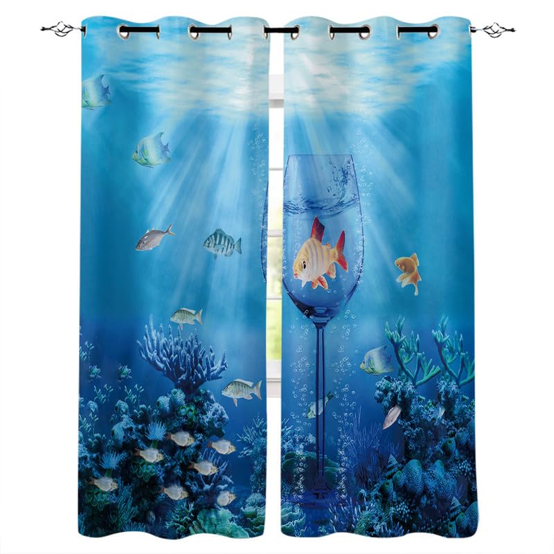 Rptidmv Cortinas Infantiles Niña mar Azul Cortinas Termicas Aislantes Frio y Calor Opacas para Dormitorio, 3D Impresión Ojales 2 Piezas Cortinas Ventana Set 117x138 cm （Anx Al）