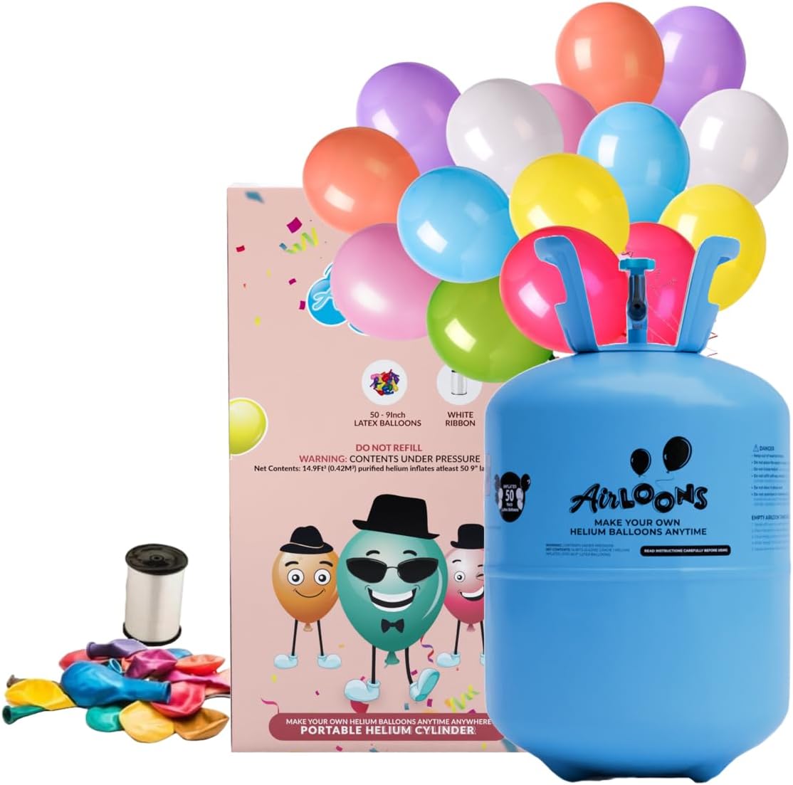 Airloons Jumbo Helium Tank Kit with 50 Mixed Latex Balloons, Ribbon | Disposable Helium Tank | Portable Balloon Pump for Weddings, Birthday Decorations Ramadan Decor, Eid Decor