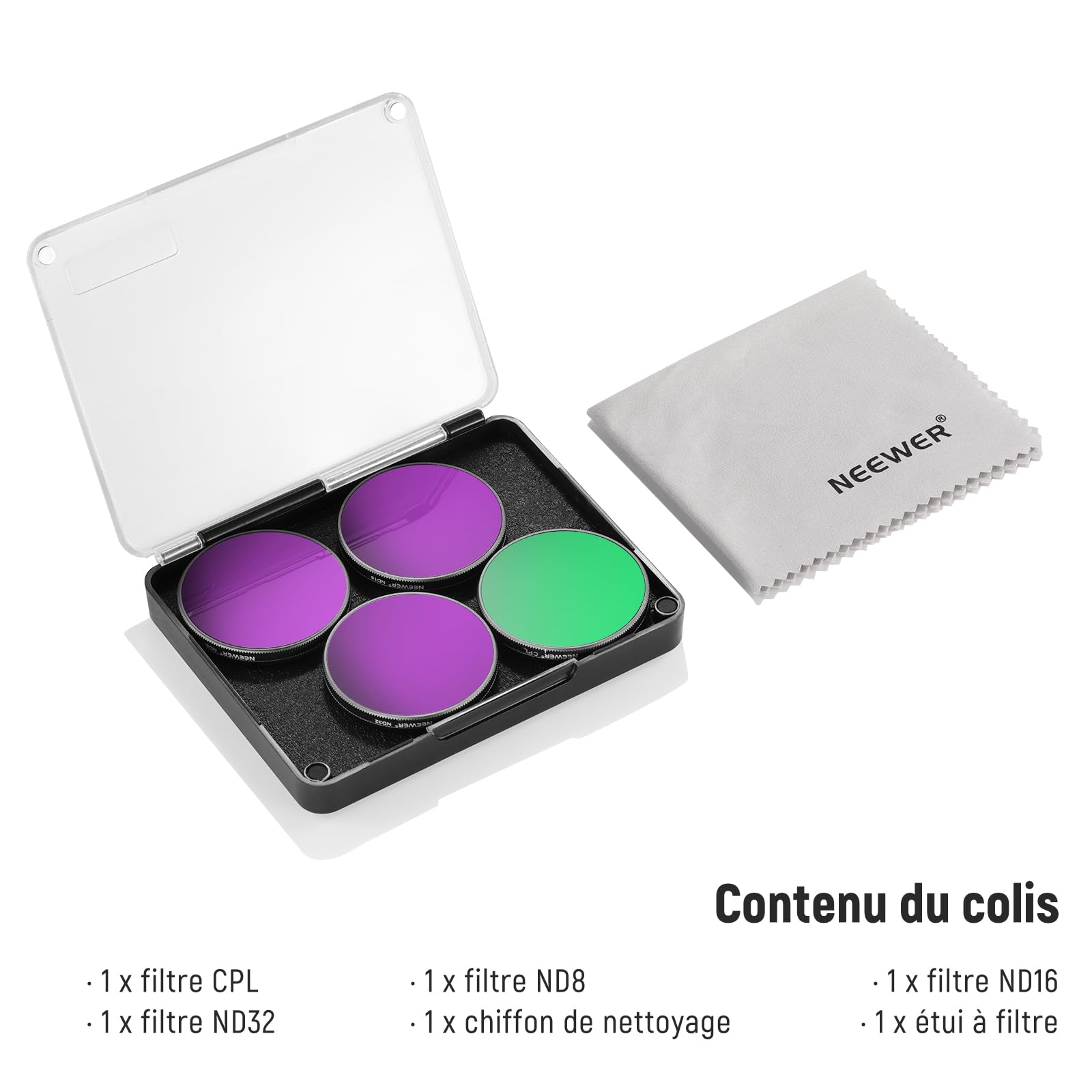 NEEWER Kit de filtres ND à clipser compatible avec DJI Osmo Action 5 Pro/4/3, 4 Pack(ND8 + ND16 + ND32 + CPL). Se fixent sur le cache d'objectif en verre d'origine.Non compatible avec Osmo Nano,FL-A76