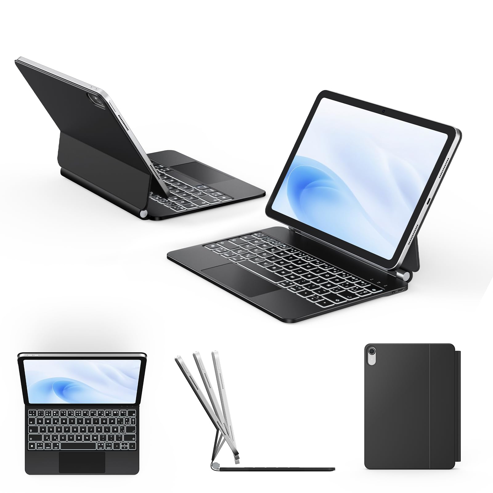 Earto Magic-Style Keyboard for iPad 11 Generation A16 2025/10 Generation 2022, Anti-smudge Leather, 7 Color Backlit, Magnetic Floating Design for iPad 10/11 Gen, Spanish Ć, Black