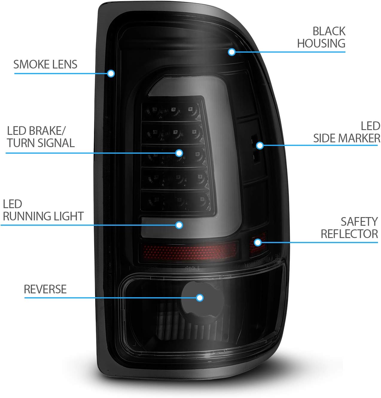 AmeriLite C-Type LED Tube Dark Smoked Tail Lights Brake Lamps Set for 1997-2004 Dodge Dakota - Passenger and Driver Side
