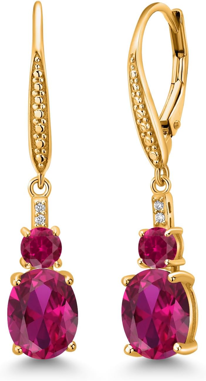 Gem Stone King 18K Yellow Gold Plated Silver Leverback Drop Dangle Earrings for Women | Gemstone Birthstone and Lab Grown Diamond | Oval 9X7MM | Round 4MM | Round 1MM Accents