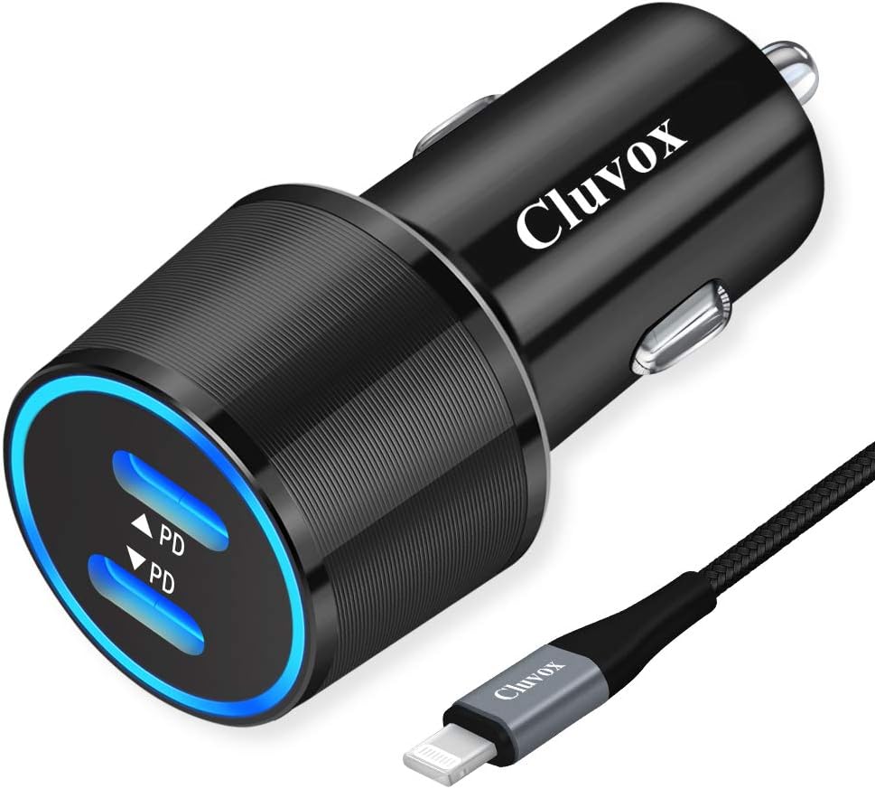 Cluvox 20W USB C Fast Car Charger, Compatible for iPhone 12 Pro Max/Mini/11/XS/X/XR/8/Plus/SE 2020/iPad/Air 3 Dual PD Automobile Charger Adapter with 3.3ft MFi Certified Nylon Cable(40W Total)