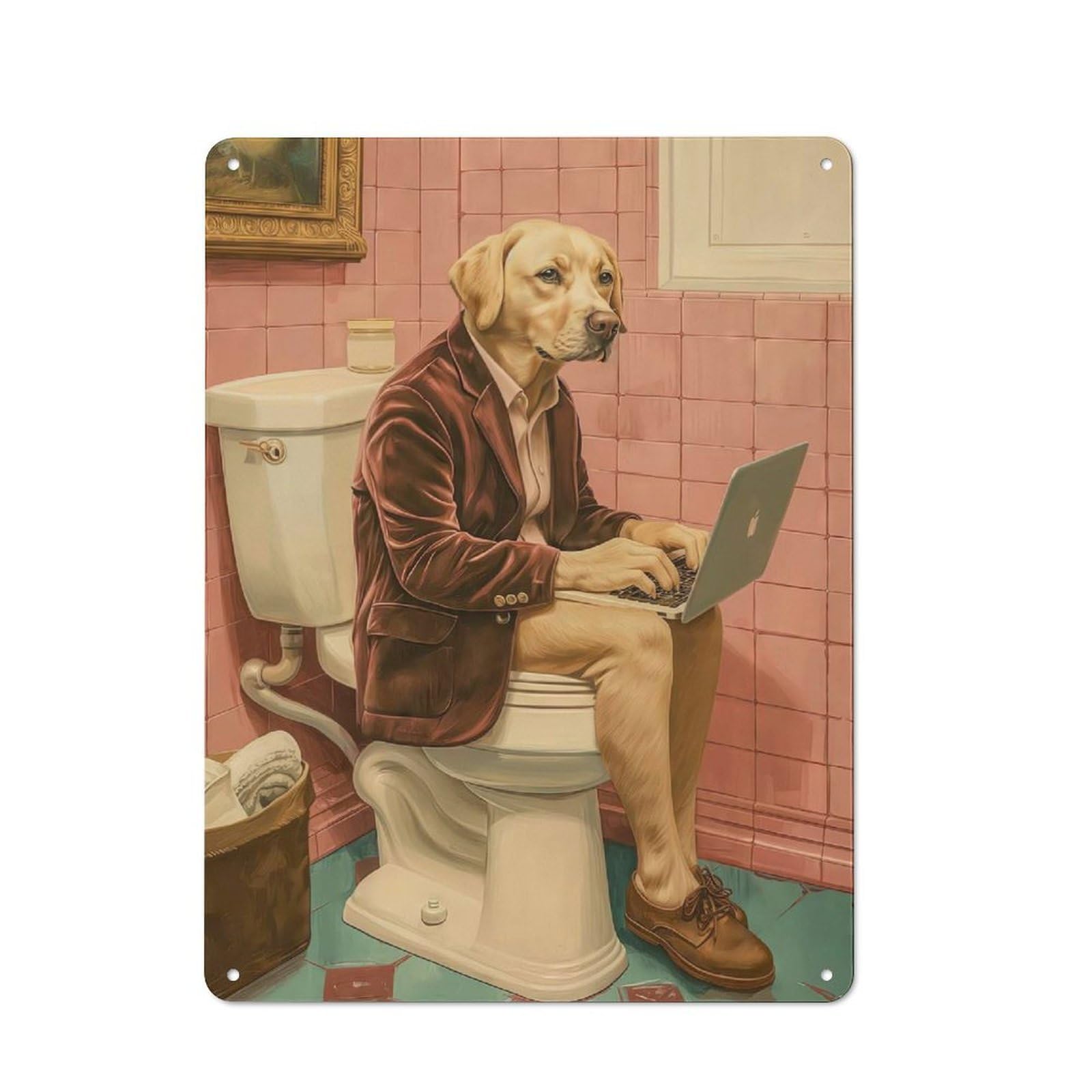 Junmoney Golden Retriever On Toilet Creative Metal Wall Decor 40X30cm, Metal Desk Wall Sign For Hobby Room, Office, Lounge Or Living Room