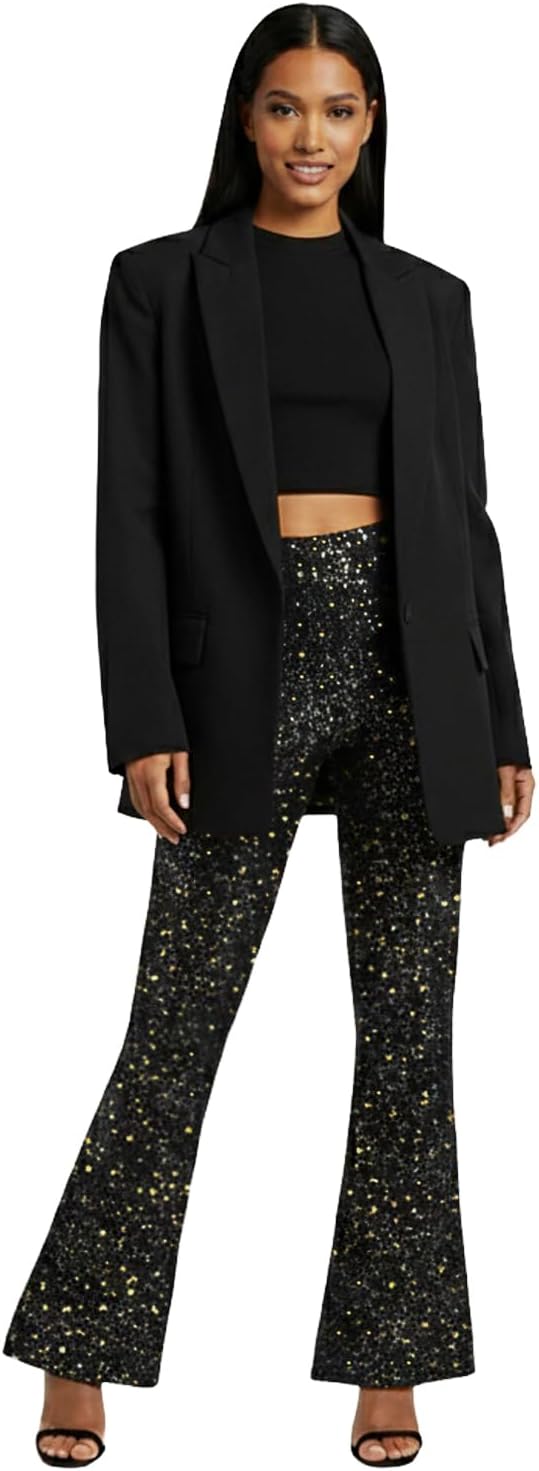 Women's Sparkly Flare Leggings, High Waisted Sparkle Bell Bottoms Pants Party Trousers for Club Night Out