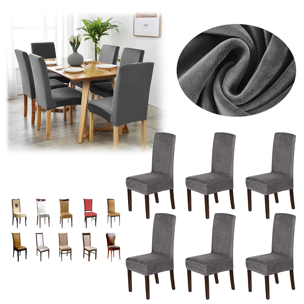 D&DEM Velvet Dining Chair Covers Stretch Chair Covers for Dining Room Set of 4/6 Parson Chair Slipcovers Chair Protectors Covers Dining, Soft Thick Solid Velvet Fabric Washable (Gray,6 Pack)