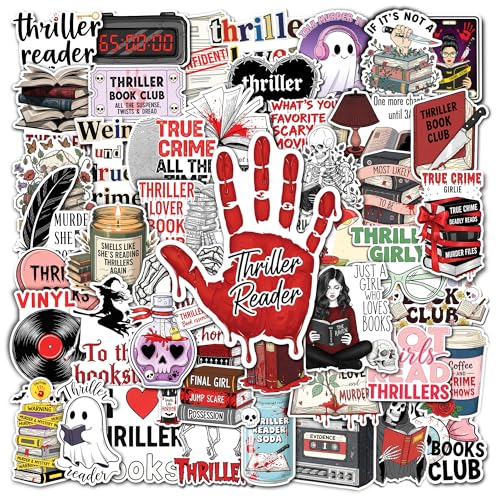 HIZILY 50 Pcs Thriller Book Stickers Spooky Bookish Vinyl Decal Waterproof Bookworm Sticker Laptop Water Bottle Tablet Phone Scrapbook Notebook Skateboard Guitar Helmet Gifts for Adults Reader