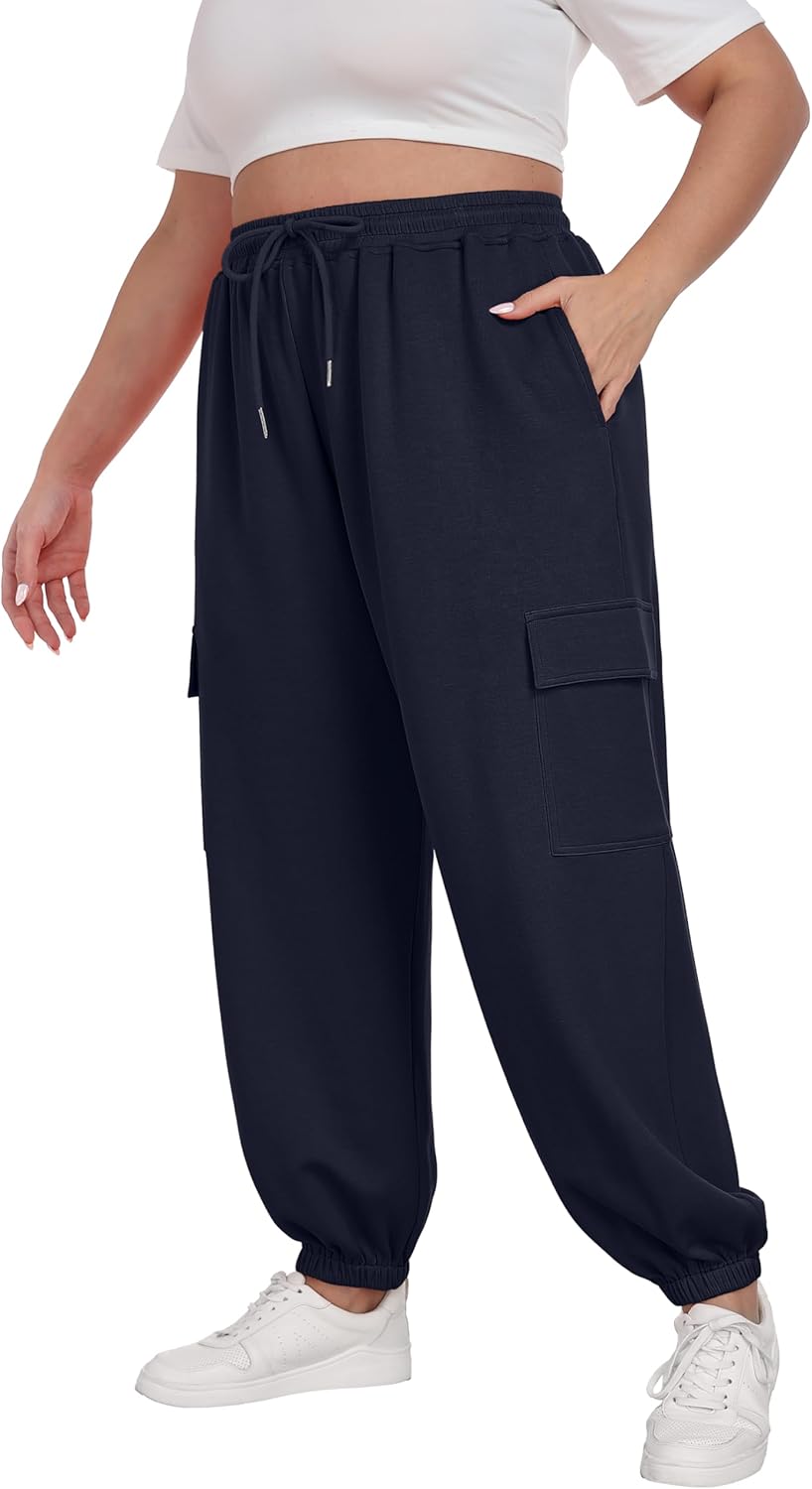OLRIK Women Plus Size Cargo Sweatpants Adjustable Drawstring Joggers Loose Fit Lounge Trousers with Pockets Fall Winter