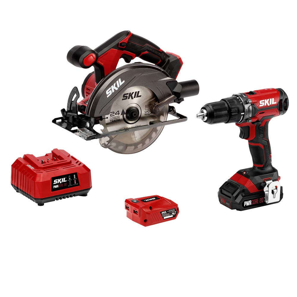 SKIL 20V 2-Tool Combo Kit: 20V Cordless Drill Driver and Circular Saw, Includes 2.0Ah PWR CORE 20 Lithium Battery, PWRAssist 20 USB Charging Adapter and Charger - CB739301