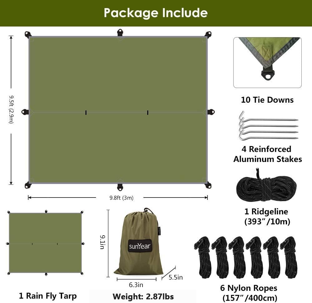 Sunyear Camping Hammock with Net & Sunyear Hammock Rain Fly Tent Tarp Provides Effective Protection Against Rain