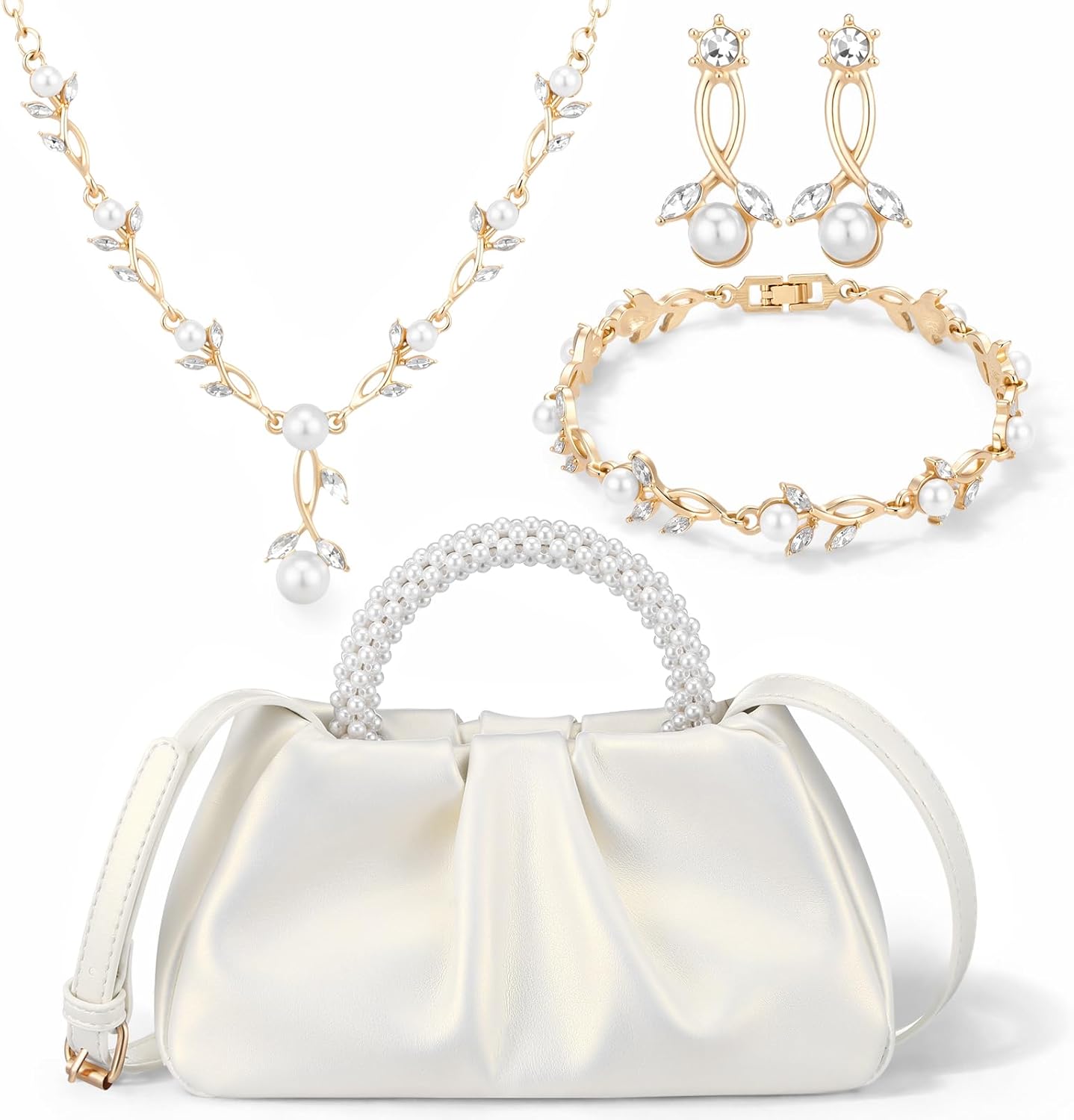 4 Pcs Pearl Jewelry Set for Women Pearl Leather Ruched Clutch Purse Necklace and Earring Bracelet Bridal Jewelry Set for Women Wedding Bridesmaid Formal Evening Party Prom