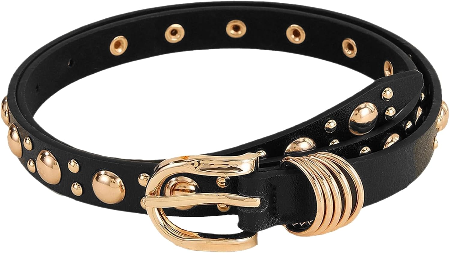 Womens Belt for Jeans Dresses Pants,Skinny Black Belts for Women Studded Leather Belt with Gold Buckle