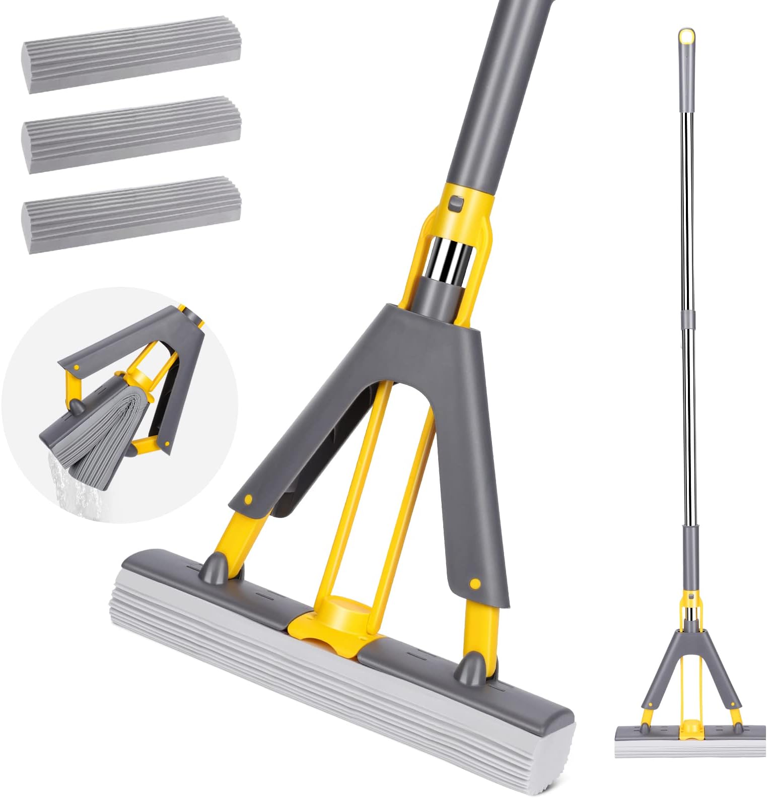 MASTERTOP PVA Sponge Mop - Self Squeeze Sponge Mop with 3 Pcs Refills - Yellow - For Tile, Marble, Laminate & Bamboo Floors - 51" Stainless Steel Handle